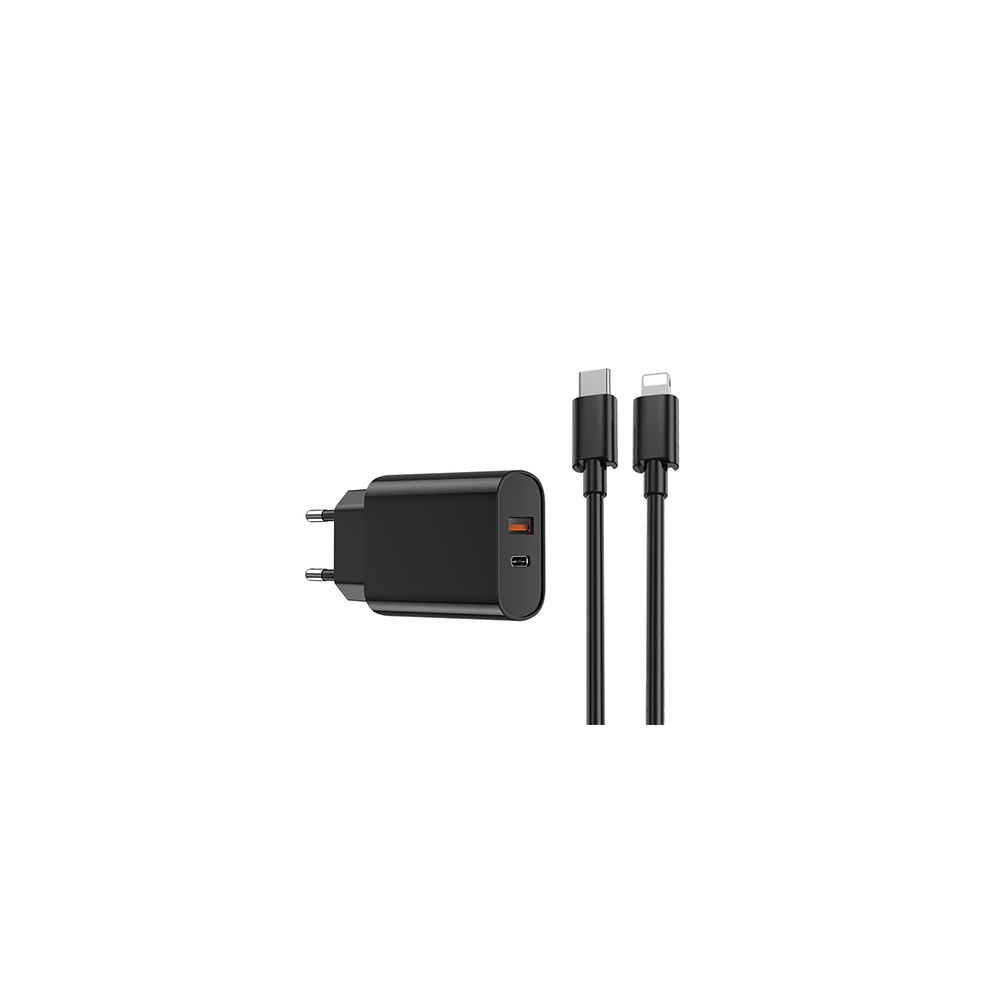 INCARCATOR RETEA USB + USB-C PD QC 20W + CABLU LIGHTNING -NEGRU