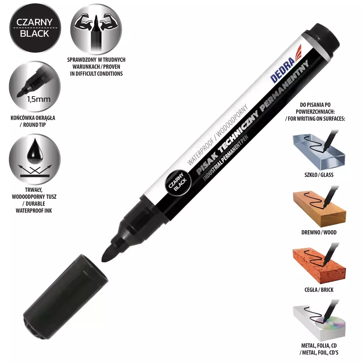 Marker industrial permanent negru, rotund 1.5m, 12 buc. tub