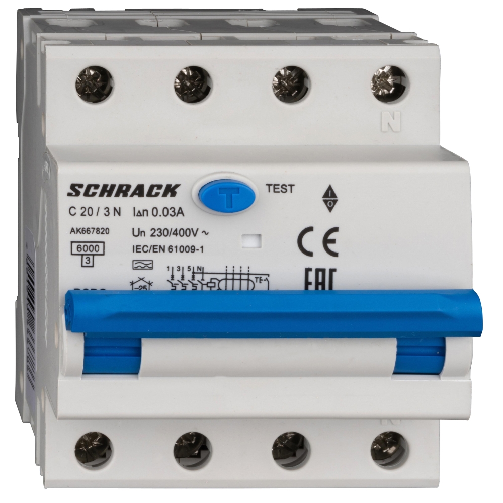 &Icirc;ntreruptor automat+dif. 3+N, AMPARO 6kA, C 20A, 30mA,tip A