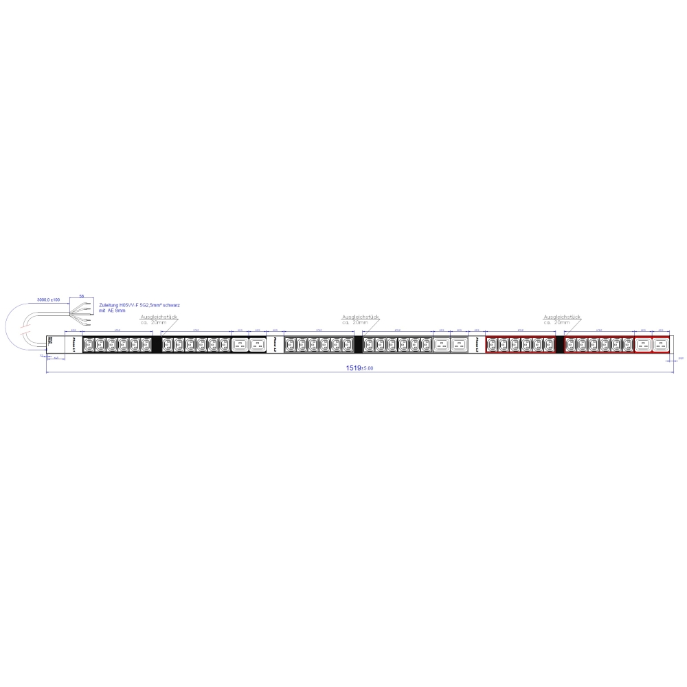 PDU Vertical 36xC13, 6xC19 3 m fara fisa, AL, 16A 400V